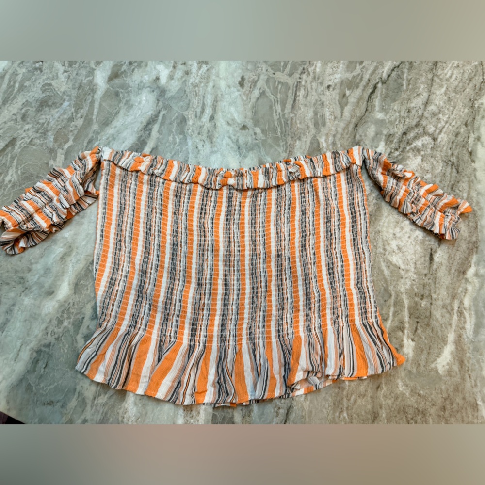 Helium London Smocked Stripe Crop Top Orange White Black Plus 3X